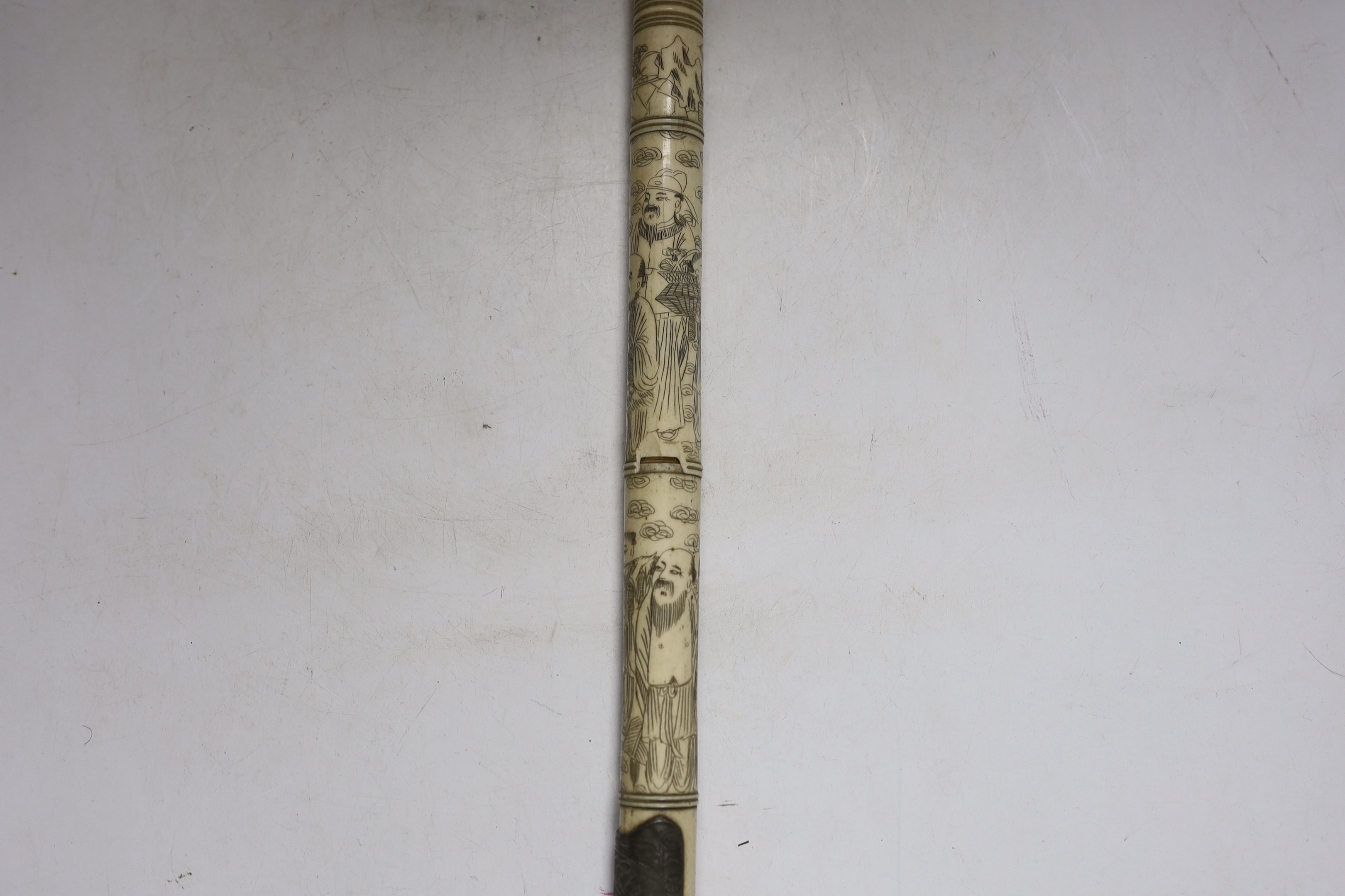 A Chinese enamelled pendant, a carved bone opium pipe and a cloisonné enamel water pipe, bone opium pipe 51cm high